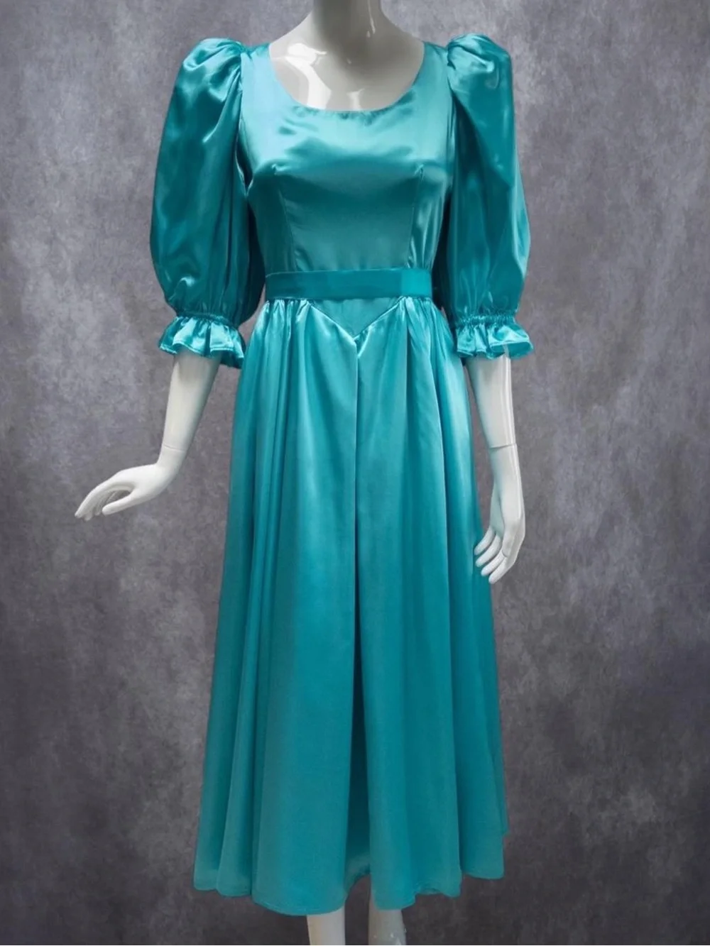 Vintage 80s Teal Satin Formal Prom Dress with Matching Capelet and Bow,‎ Size M